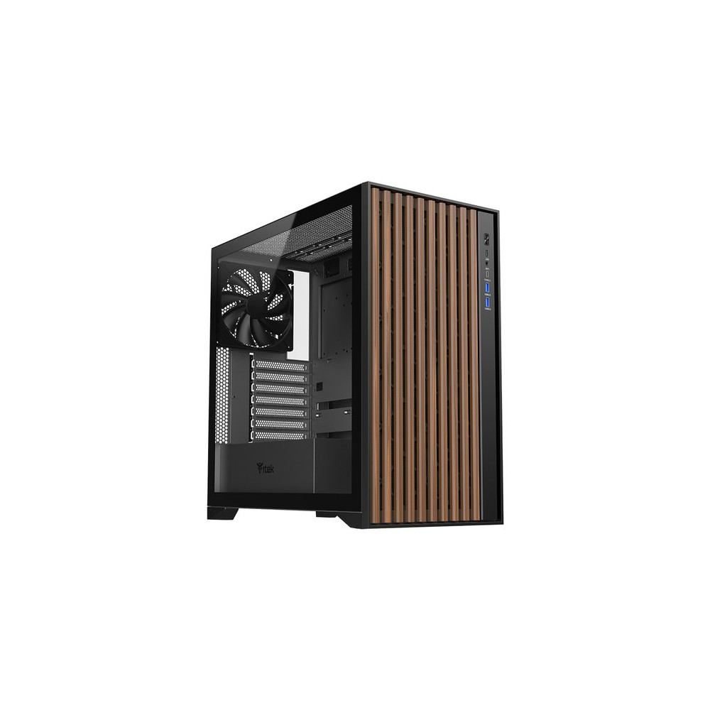 ITEK CASE WOODY, GAMING TOWER, ATX, 3X12CM BLACK FAN, 2XUSB3, TYPE-C,  WOOD FRONT, TEMP GLASS SIDE P