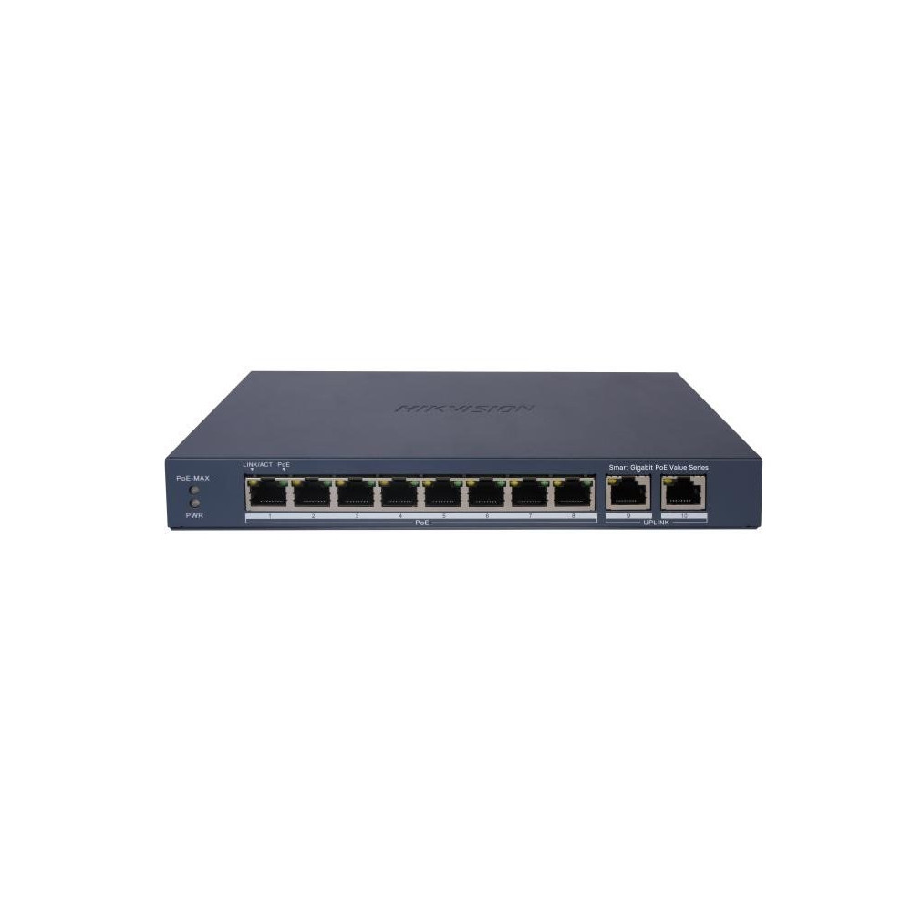 HIKVISION SWITCH L2, SMART MANAGED, 8 GIGABIT RJ45 POE PORTS, 2 GIGABIT RJ45 PORT, 802.3AF/AT, POE P
