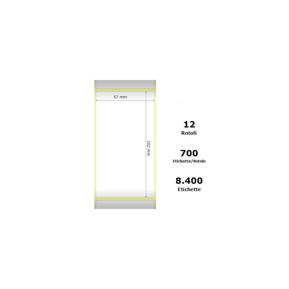 White 57x102mm,700 Et/Rotolo Z-2000D, 2.2x4x1Core,circonferenza 111mm 12 Rolls ZE800262-405