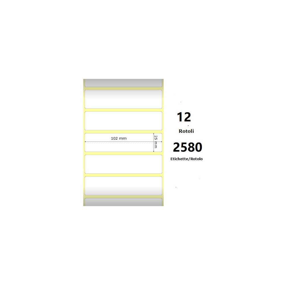 White 102x25mm, 2580 Et/Rotolo Z-2000D 4x1x1 Core, 12 Rolls ZE800264-105