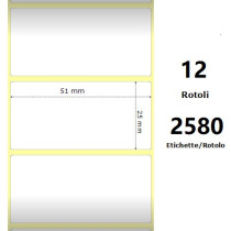 White 51x25mm, 2580 Et/Rotolo Z-2000D, 2x1x1 Core, 12 Rolls ZE880199-025D