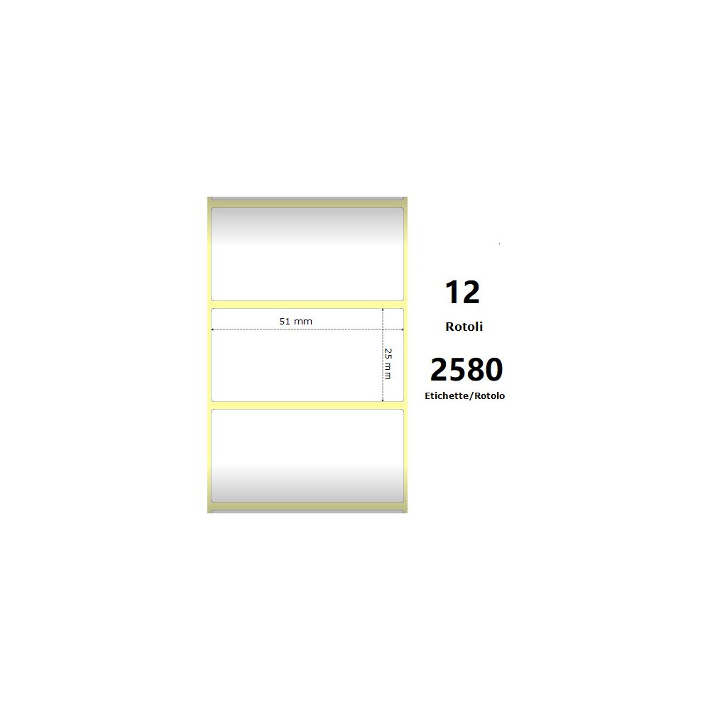 White 51x25mm, 2580 Et/Rotolo Z-2000D, 2x1x1 Core, 12 Rolls ZE880199-025D