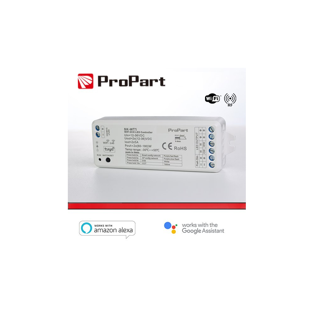 Ricevitore DIM +pulsante 12/36V DC,2CH*5A, Wi-Fi+RF 2.4G CCT SK-WT1