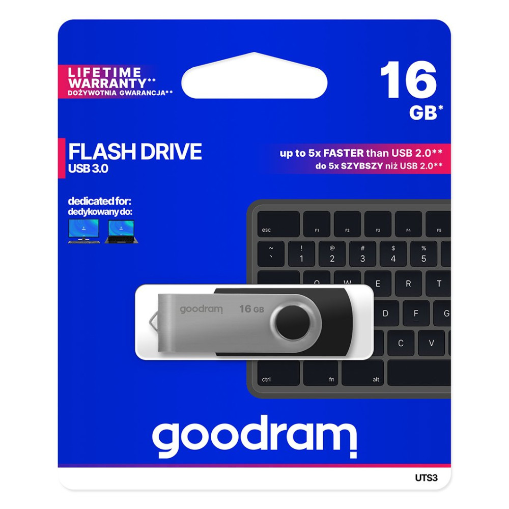 GoodRAM Pendrive 16GB UTS3 BLACK USB 3.0 - retail blister - UTS3-0160K0R11 GRUTS3-0160K0R1