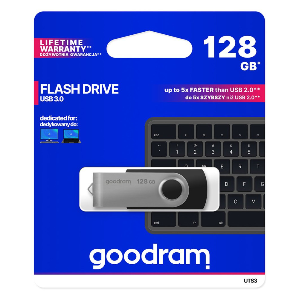 GoodRAM Pendrive 128GB UTS3 BLACK USB 3.0 - retail blister - UTS3-1280K0R11 GRUTS3-1280K0R1