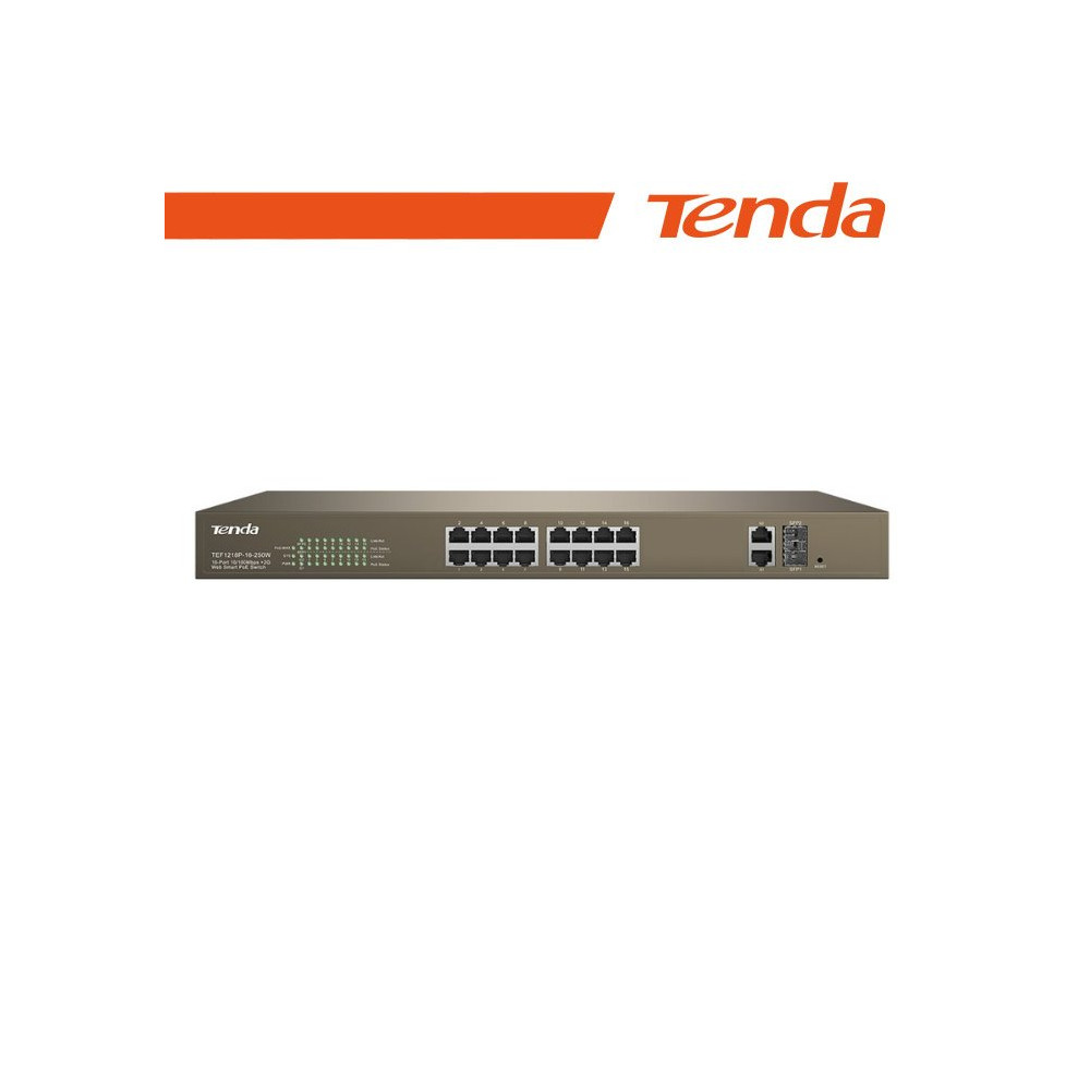 Tenda Switch PoE Web Smart 16 Porte 10/100+2Gb+2SFP - EOL | TEF1218P-16-250W NT-TEF1218P-250