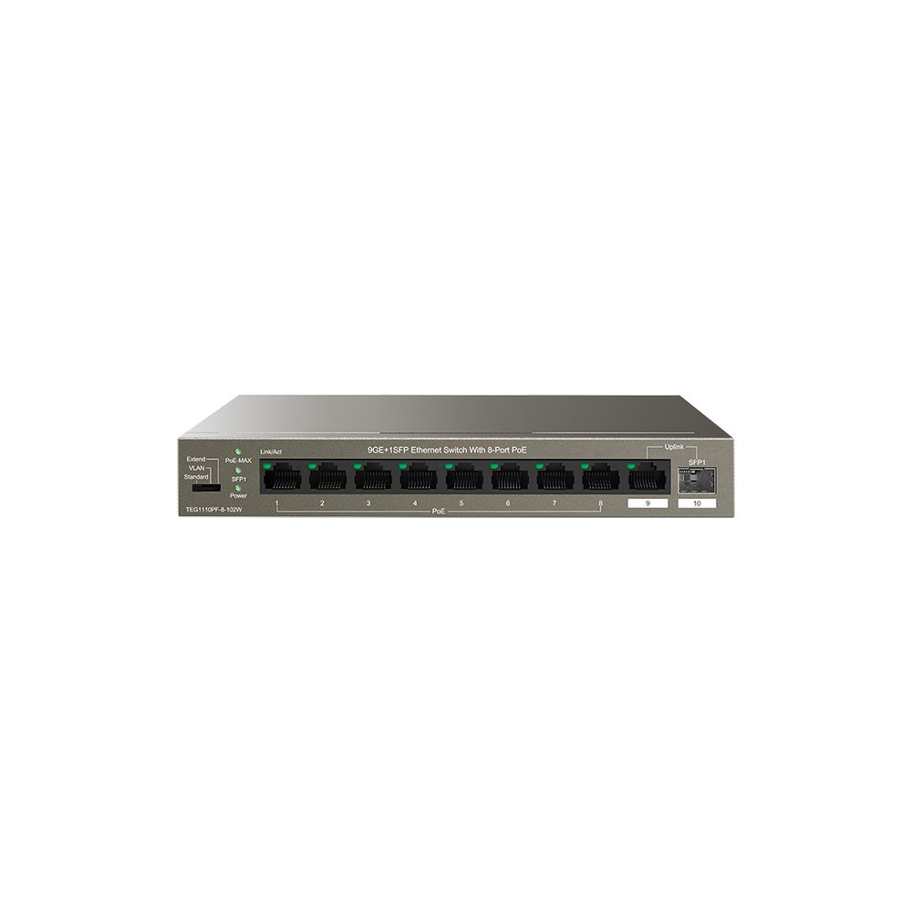 Tenda Switch Gigabit PoE - 10 porte (8 GE PoE + 1 GE + 1 SFP) | TEG1110PF-8-120w NT-TEG1110PF120