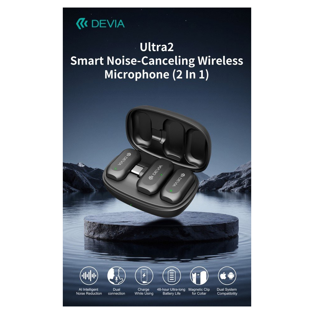 Ultra2 Doppio Microfono Wireless con Riduzione Rumore AI e Clip Magnetica connessione tipo-C e Lightning DEU2WM261