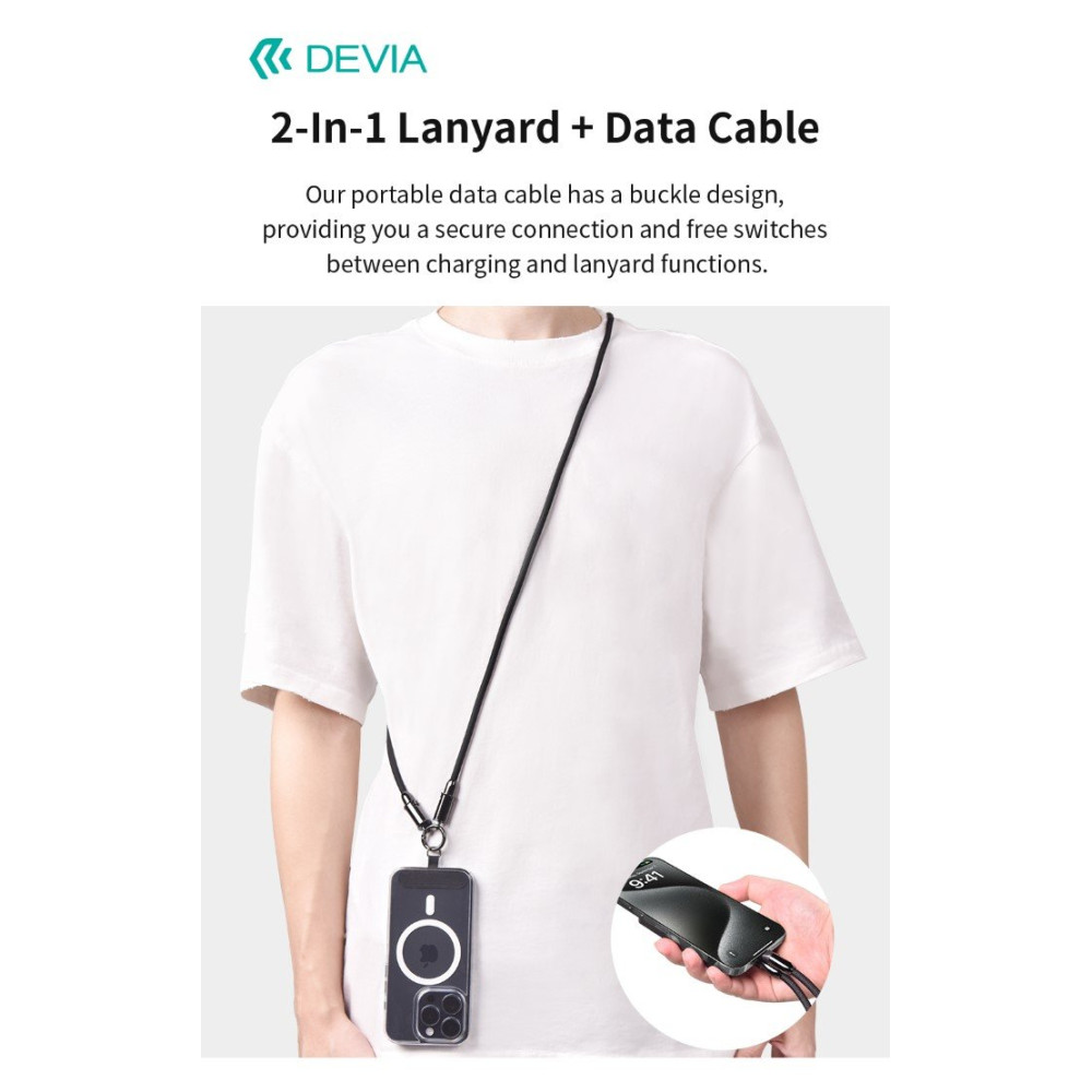 Cordino con Cavo Carica Tipo-C tracolla 1.2mt porta telefono Nero DEWLCC145B