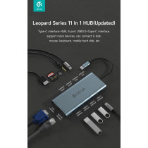 Leopard 11 In 1 HUB USB-C 3.1 to PD+USB-C+USB3.0*3+HDMI+VGA+RJ45+SD/TF+Audio3.5 DEHB111U992