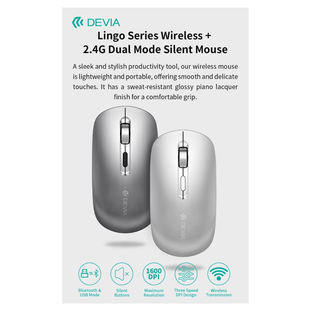 Mouse wireless con DPI regolabile 2.4G + Bluetooth Dual mode Silver DEL24W225S
