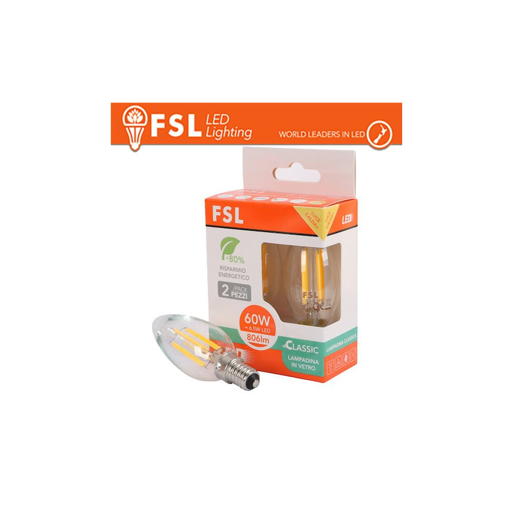 Lampada Filamento Olive C35FC 6.5W 3000K E14 - Confezione 2PACK FL2C35F7W30K14