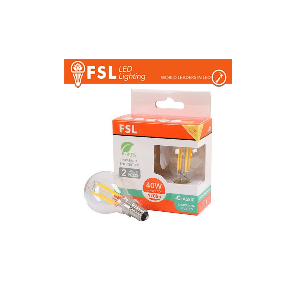 Lampada Filamento MiniSfera G45  4W 3000K E14 - Confezione 2PACK FL2G45F4W30K14