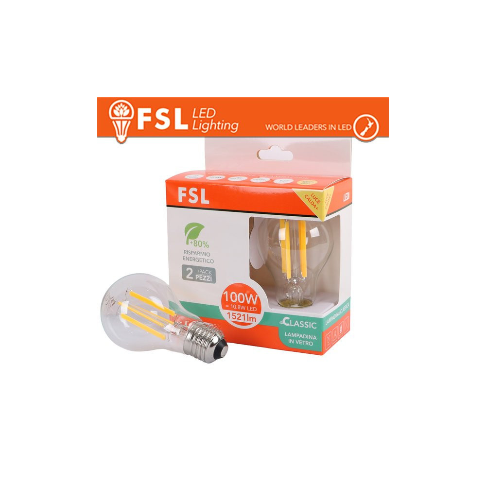 Lampada Filamento  A60  10.8W 3000K E27 - Confezione 2PACK FL2A60F11W30K27