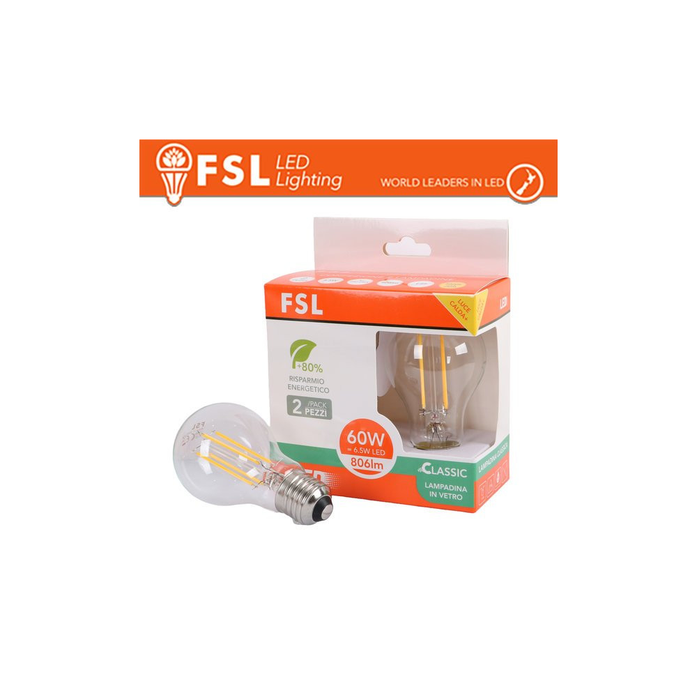 Lampada Filamento A60   6.5W 3000K E27 - Confezione 2PACK FL2A60F7W30K27