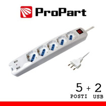 Multipresa 5pos bipasso/schuko + USB spina16A +interr. PEM3508-W