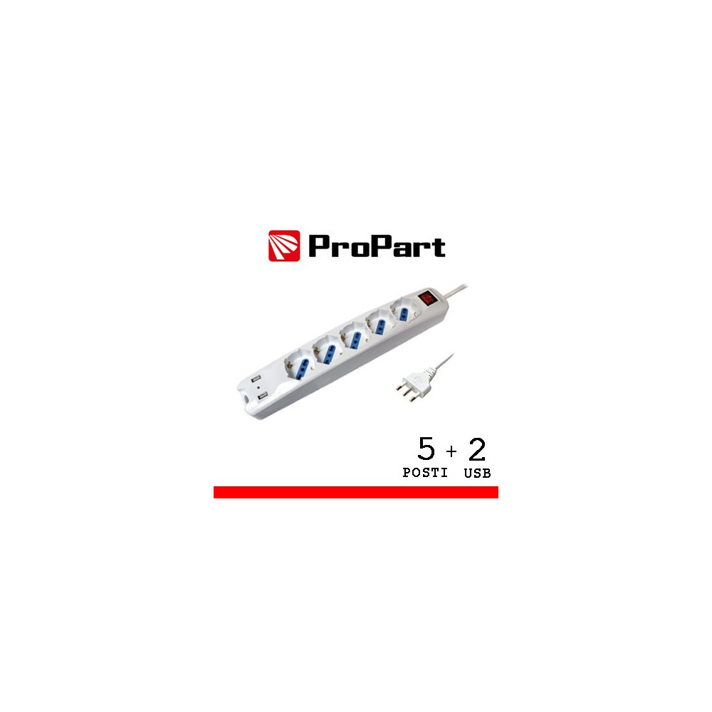 Multipresa 5pos bipasso/schuko + USB spina16A +interr. PEM3508-W