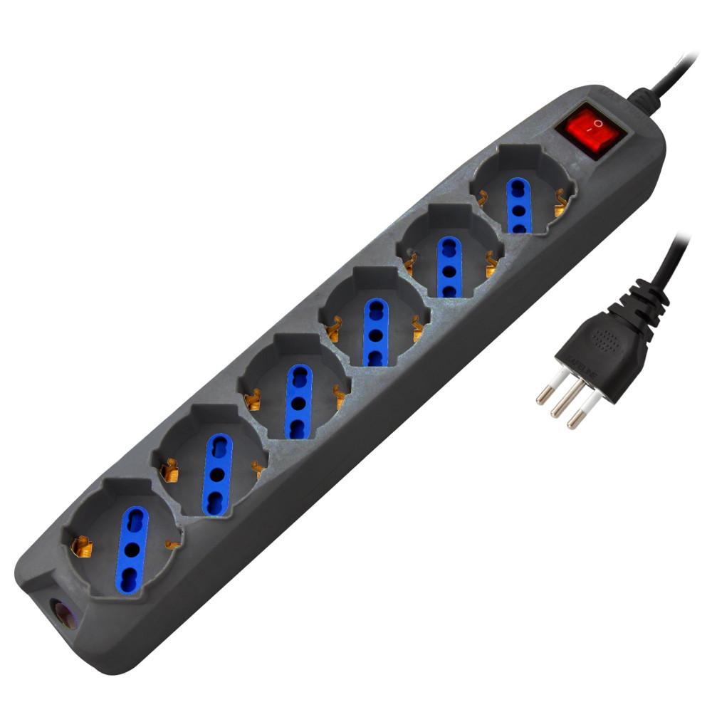 Multipresa 6pos bipasso/schuko spina16A +interr. nera PEM3506BK