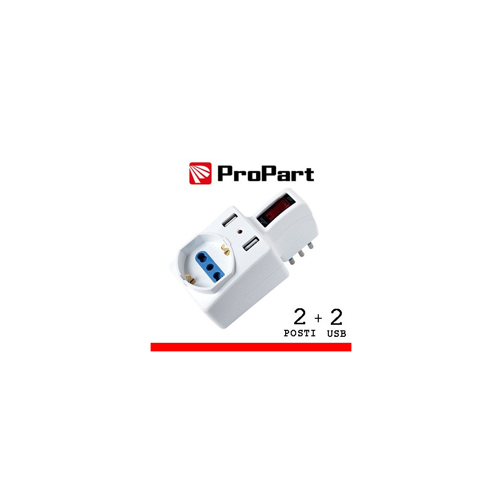 Adattatore 2pos bipasso/schuko +USB spina10A salvasp. + int. PES1079-W