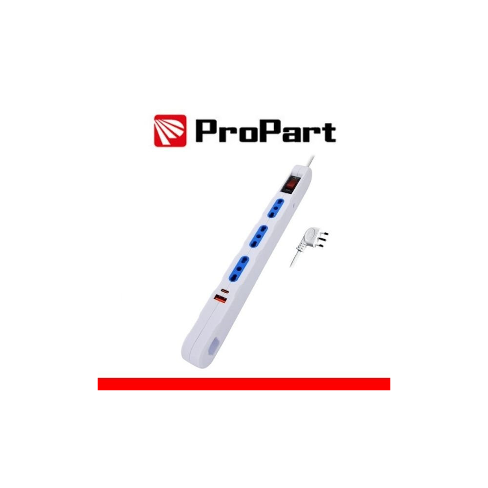 Multipresa Salvaspazio 3posti 2P+T bipasso + USB-A + USB-TYPE-C con protez Spina 10A + interr PEM2207-W